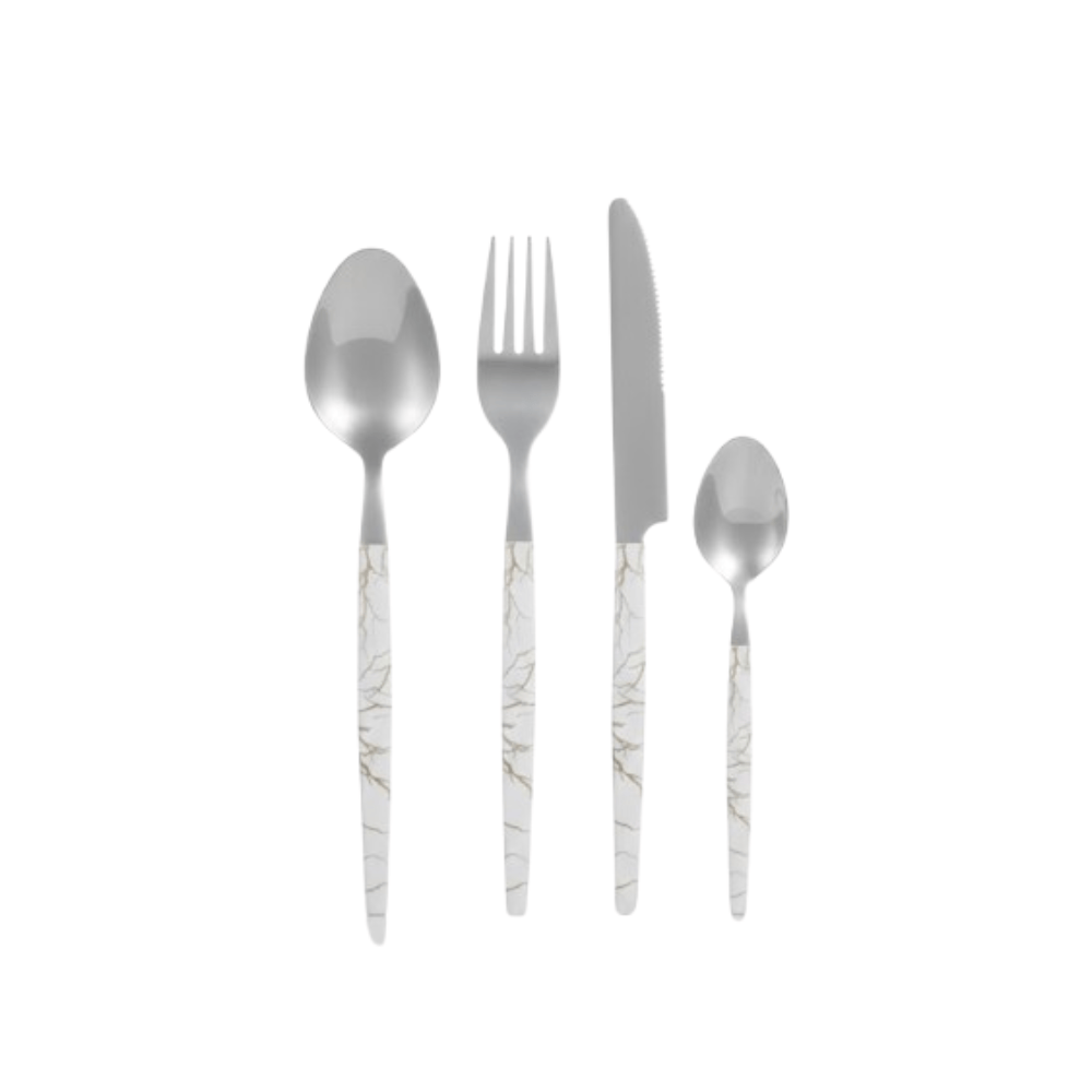 Alpha 55 Blanc Ménagère 24 Pièces – Couverts Inox & Manche Effet Marbre