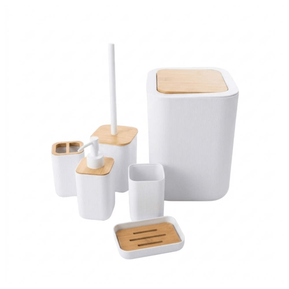 Alpha 55 Blanc Set de 6 accessoires de salle de bain en bambou et plastique.