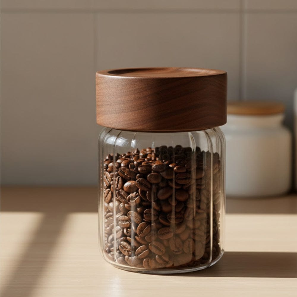 Alpha 55 Bocal rayé en verre avec couvercle en acacia naturel