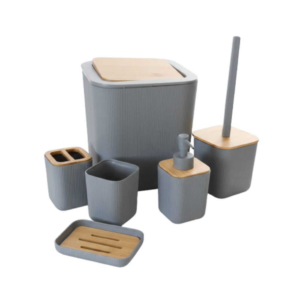 Alpha 55 Gris Set de 6 accessoires de salle de bain en bambou et plastique.