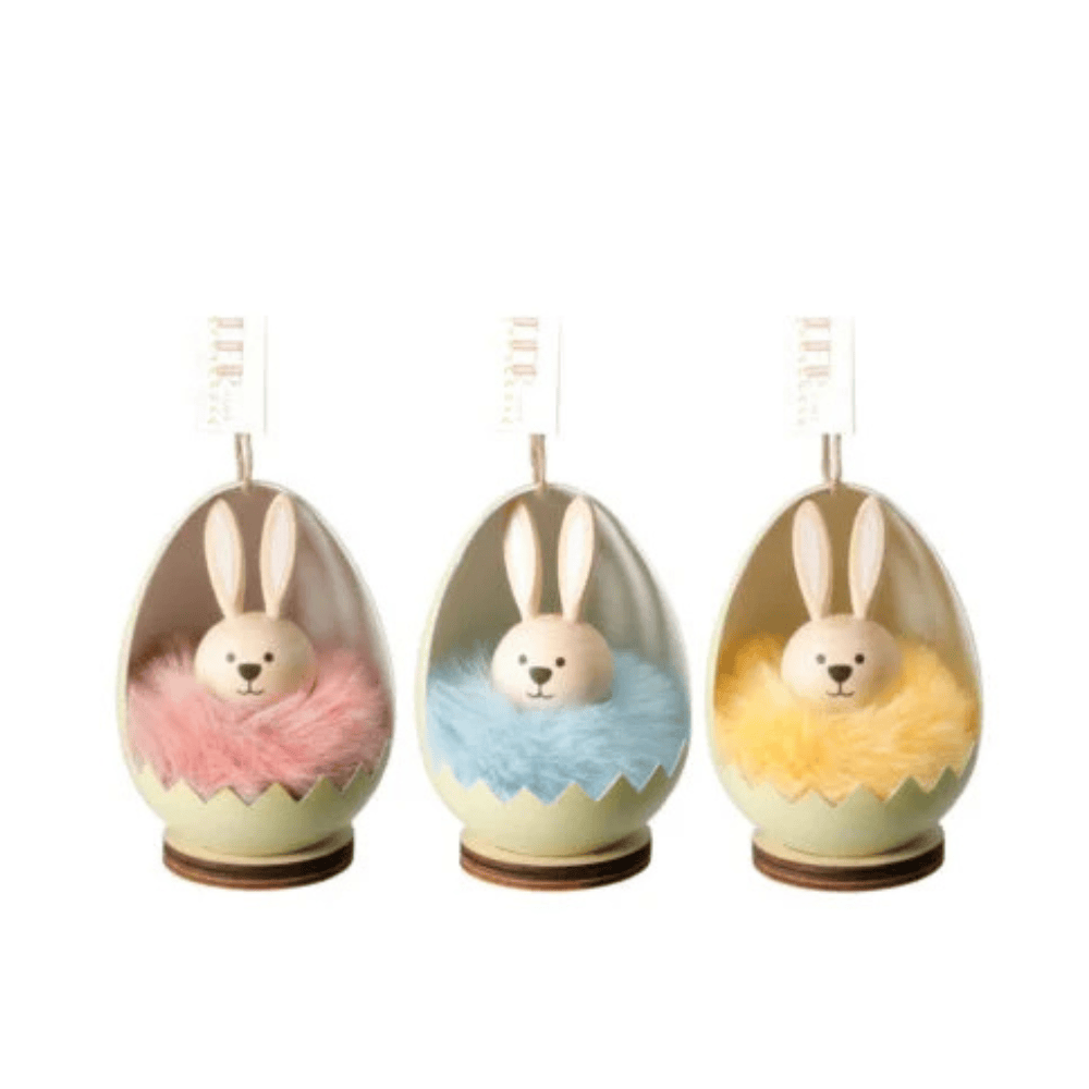Alpha 55 Lapin coquille d’œuf suspendue en bois & peluche