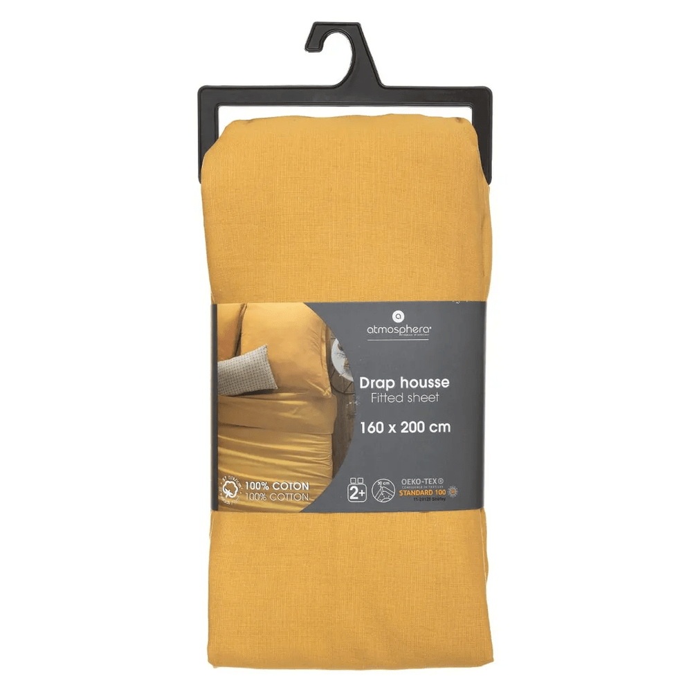 Alpha 55 ocre Drap housse pour 2 personnes en coton