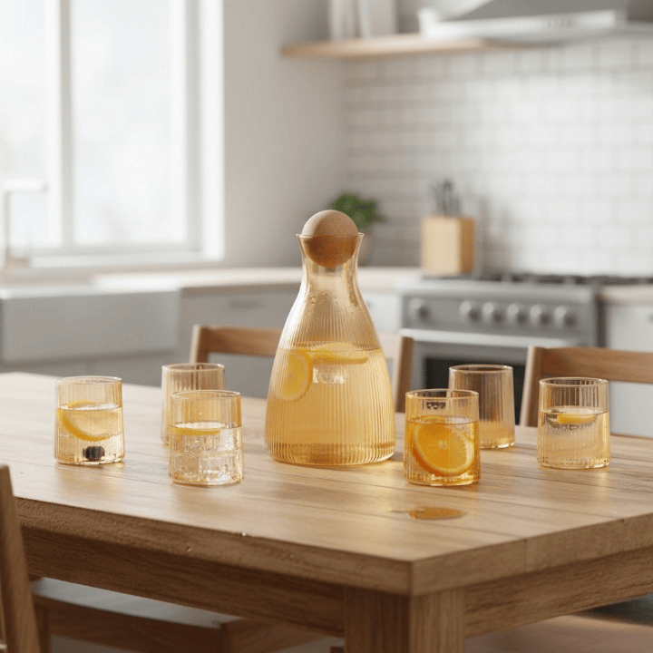 Alpha 55 Service Jus 7 Pièces en Verre Strié Ambre - Chic & Épuré