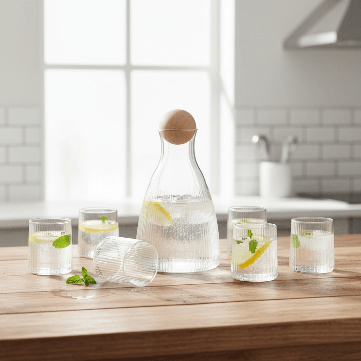 Alpha 55 Service Jus 7 Pièces en Verre Strié - Carafe & 6 Verres