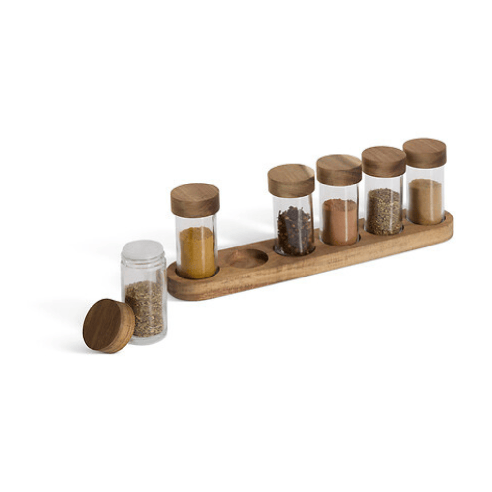 alpha55 Lot de 5 pots épices en verre avec plateau acacia