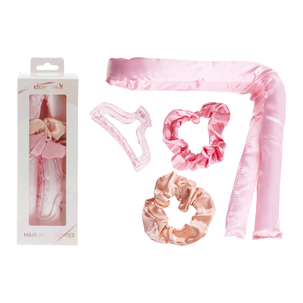 Alpha55 Set Boucles & Accessoires Cheveux Satin 4 Pièces Rose