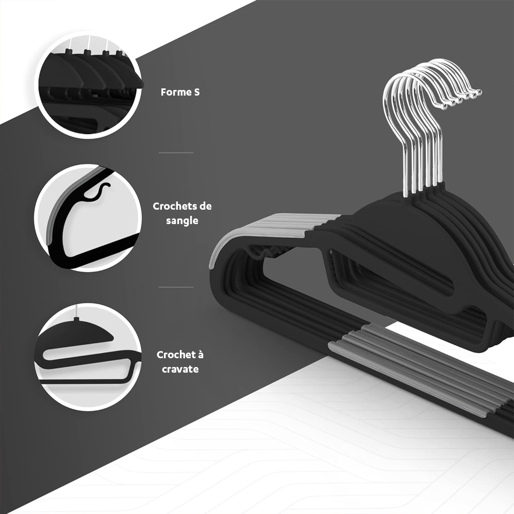 Alpha55 Set de 10 cintres en plastique noir – Antidérapants