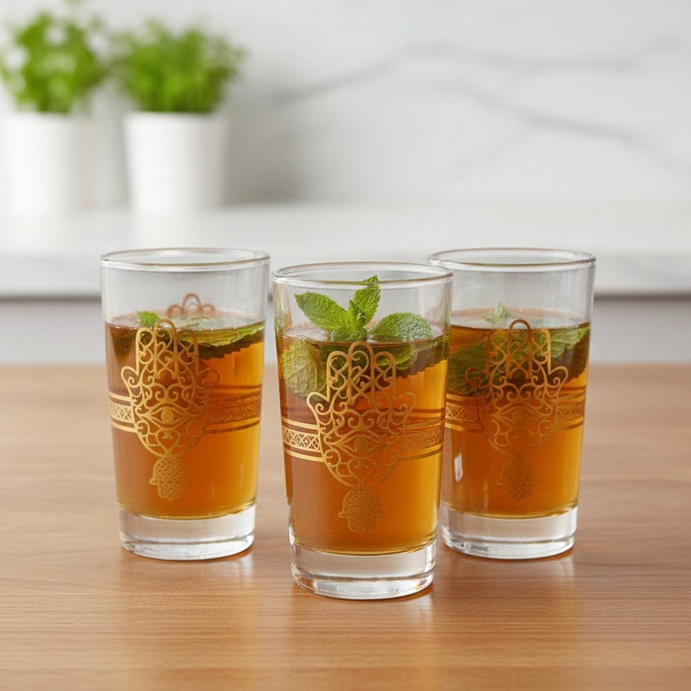 Alpha55 Set de 12 Verres à Thé Khmissa Dorés - Élégance Marocaine