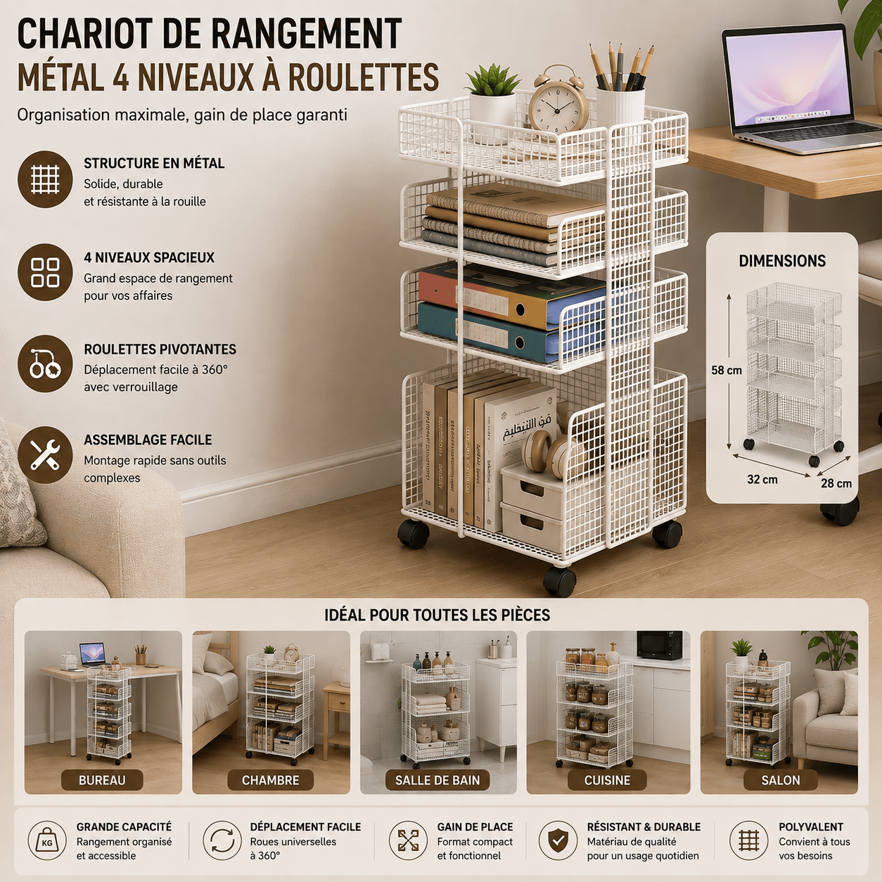 Chariot de Rangement Metal 4 Niveaux a Roulettes 32 x 28 x 58 cm