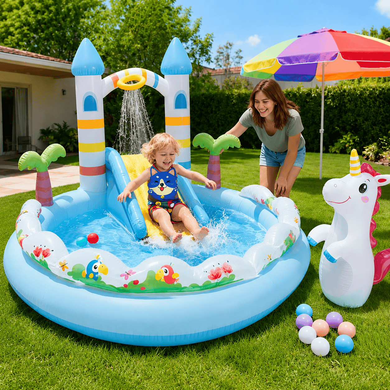 Alpha 55 Aire de Jeux Gonflable Château Magique – Licorne, Pulvérisateur & Toboggan