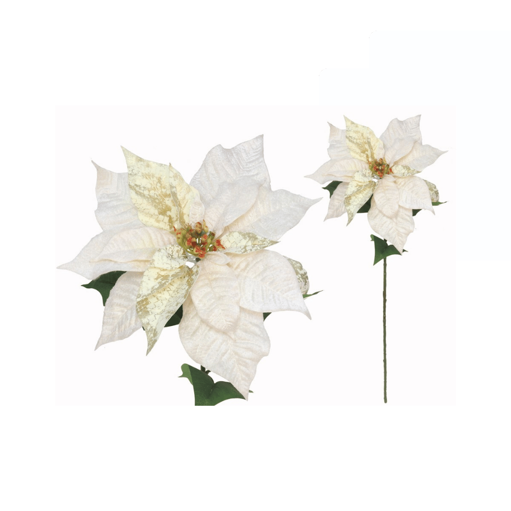 Alpha 55 Blanc Tige Poinsettia Pailletée – Fleur Décorative Noël