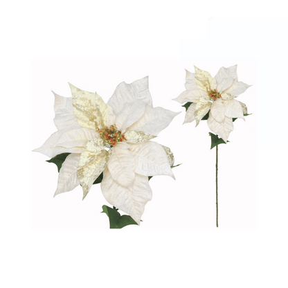 Alpha 55 Blanc Tige Poinsettia Pailletée – Fleur Décorative Noël