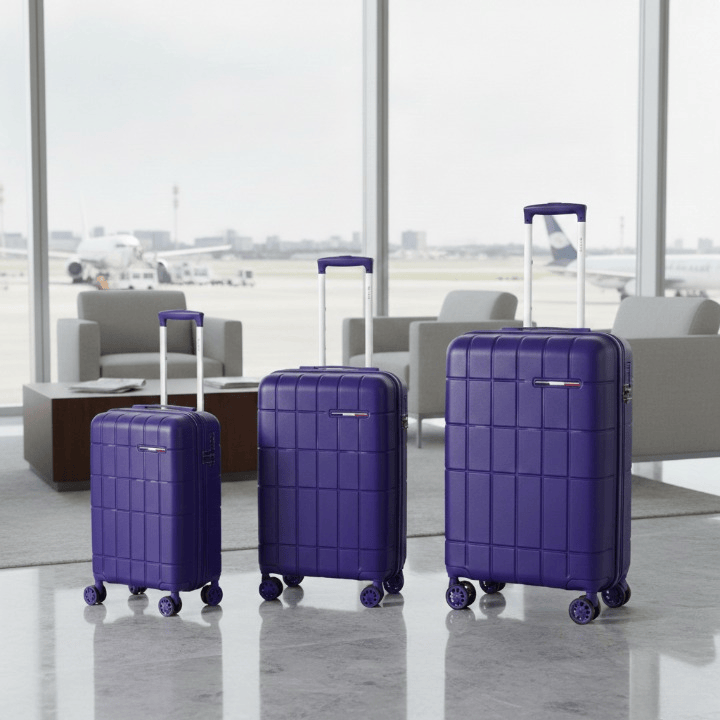 Alpha 55 Bleu Set de 3 trolley 8 roues coque quadrillée résistante