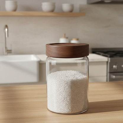 Alpha 55 Bocal en verre avec couvercle en acacia