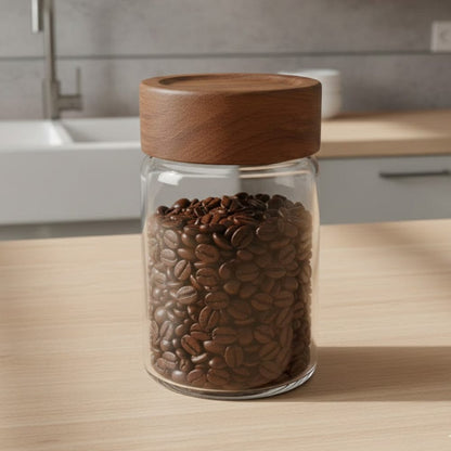 Alpha 55 Bocal en verre avec couvercle en acacia