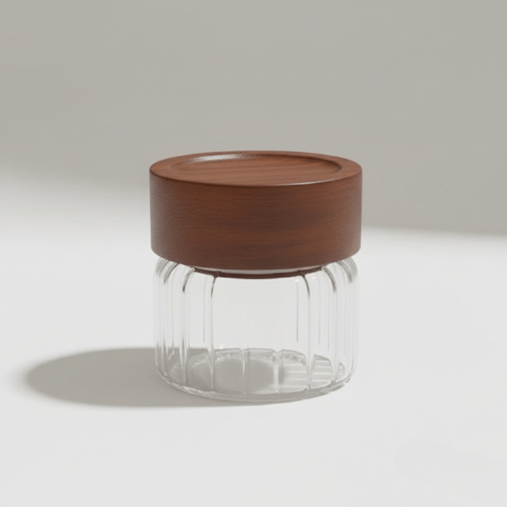 Alpha 55 Bocal rayé en verre avec couvercle acacia