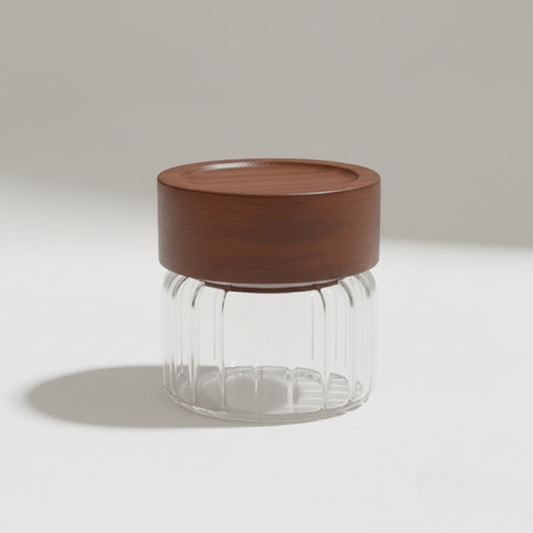 Alpha 55 Bocal rayé en verre avec couvercle acacia