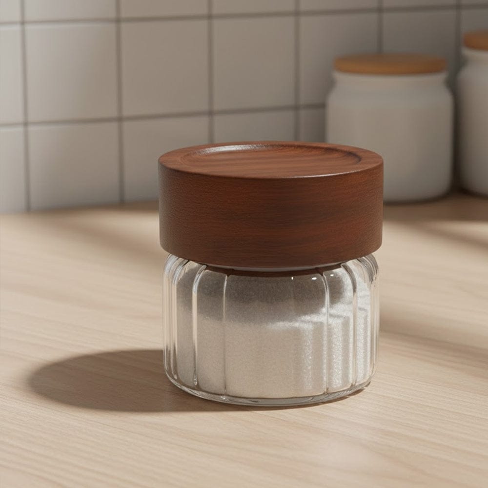 Alpha 55 Bocal rayé en verre avec couvercle acacia