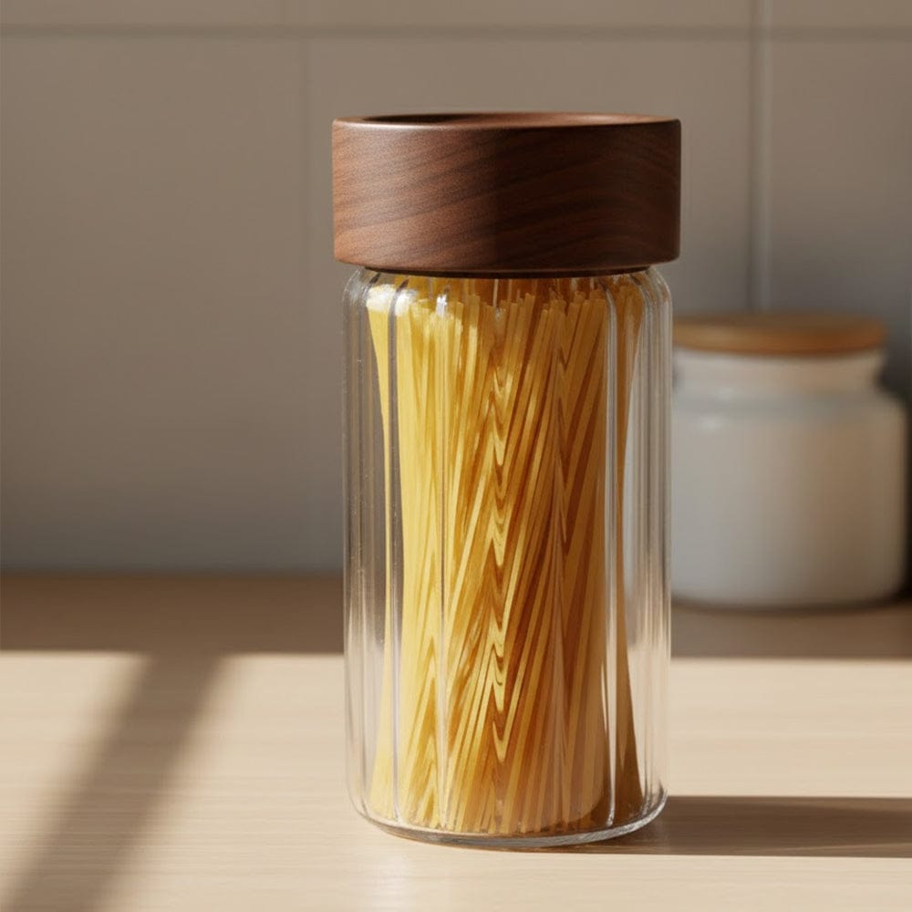 Alpha 55 Bocal rayé en verre avec couvercle en acacia