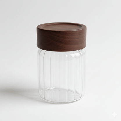 Alpha 55 Bocal rayé en verre avec couvercle en acacia naturel