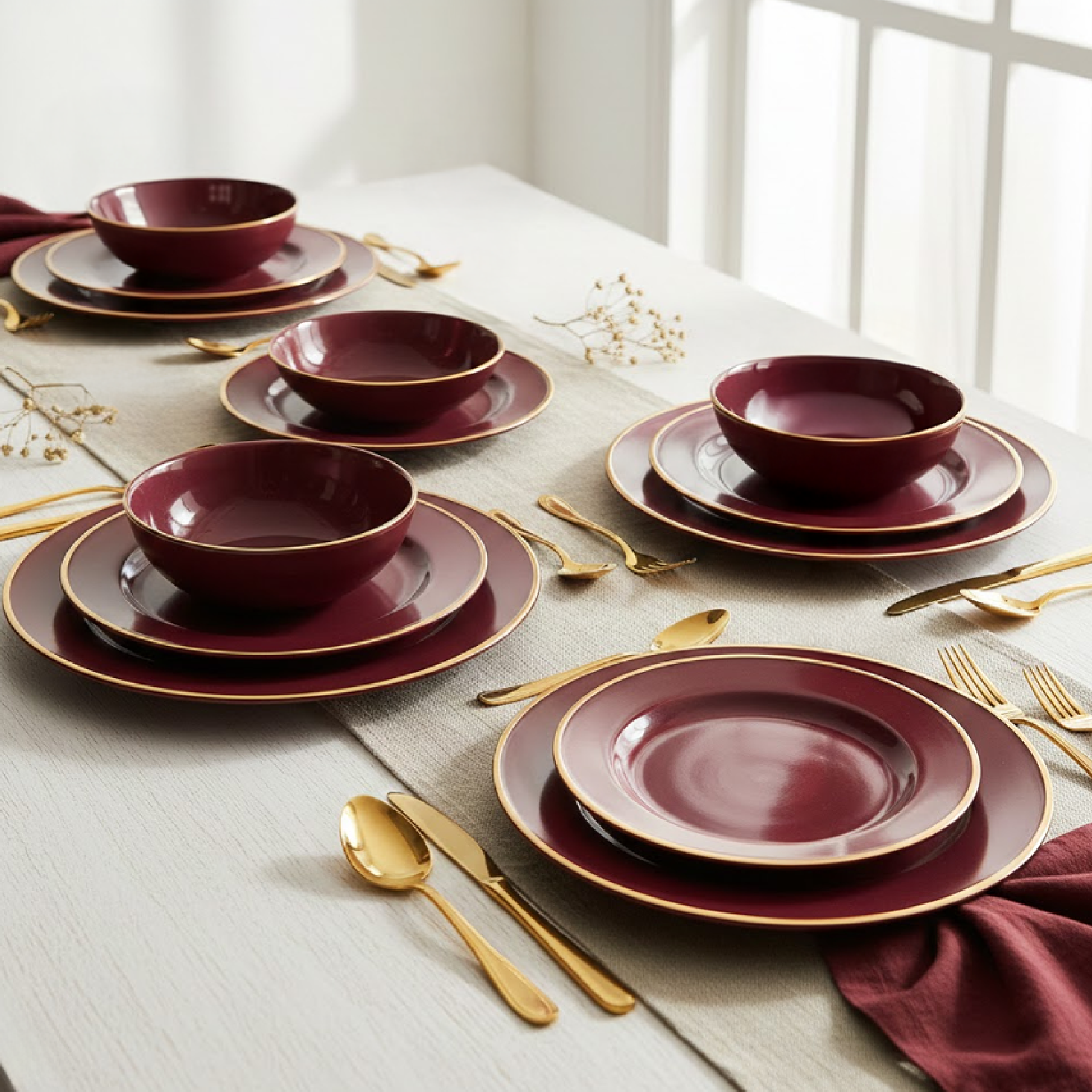 Alpha 55 Bordeau Service en Porcelaine 24 Pièces – Élégant & Durable