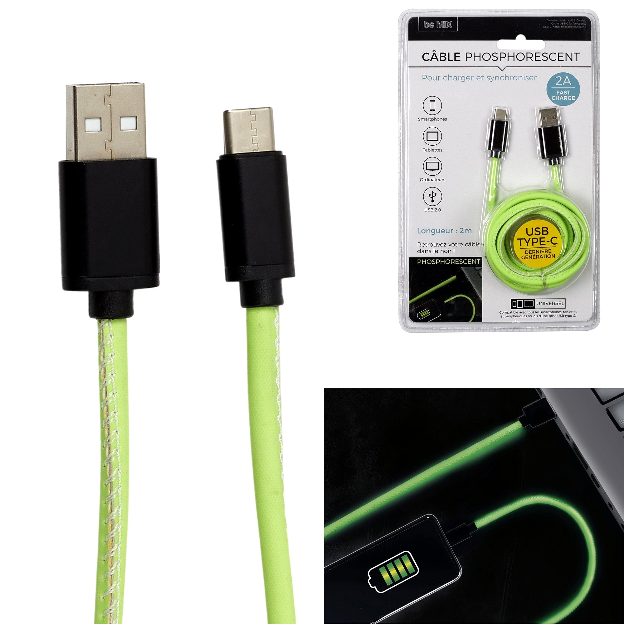 CABLE CHARGE RAPIDE 2A IPHONE PHOSPHORESCENT 2M