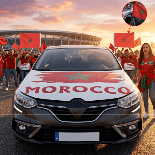 Alpha 55 Cache capot voiture + 2 housses rétro – Blanc + Drapeau Maroc Voiture – Avec Support Résistant gratuit
