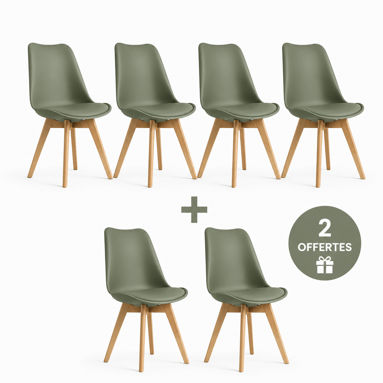 Alpha 55 Chaise 4+2 OFFERTES · 6 chaises / Kaki Pack 6 Chaises Scandinaves – 4 Achetées + 2 Offertes