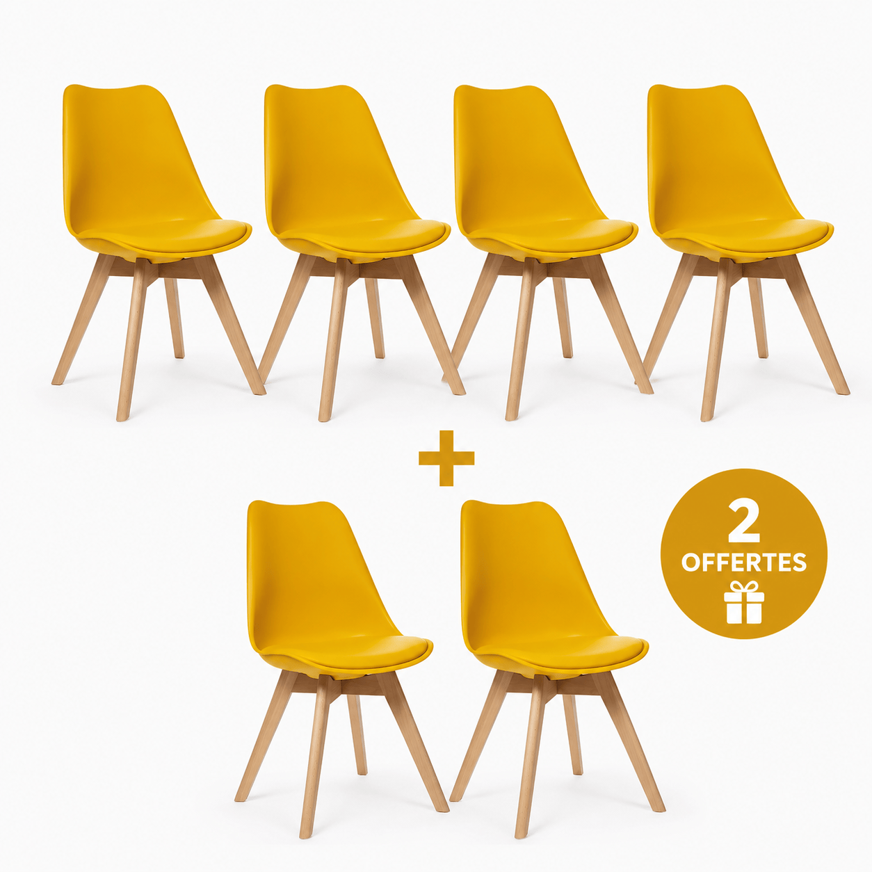 Alpha 55 Chaise 4+2 OFFERTES · 6 chaises / Moutarde Pack 6 Chaises Scandinaves – 4 Achetées + 2 Offertes