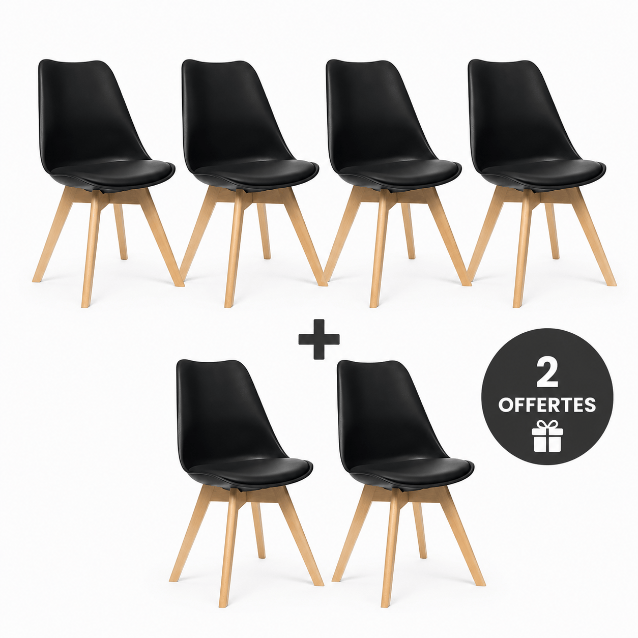 Alpha 55 Chaise 4+2 OFFERTES · 6 chaises / Noir Pack 6 Chaises Scandinaves – 4 Achetées + 2 Offertes