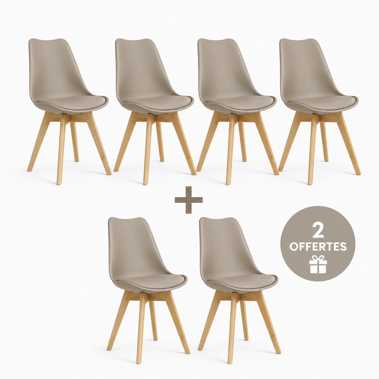 Alpha 55 Chaise 4+2 OFFERTES · 6 chaises / Taupe Pack 6 Chaises Scandinaves – 4 Achetées + 2 Offertes