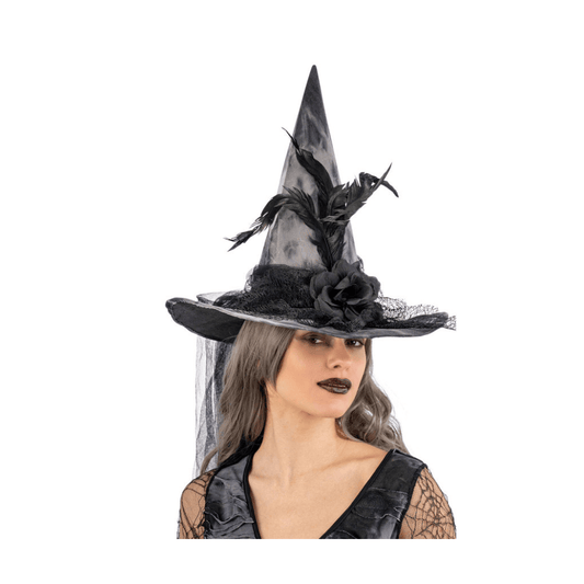 Alpha 55 Chapeau Sorcière Gris avec Voile, Fleur et Plumes
