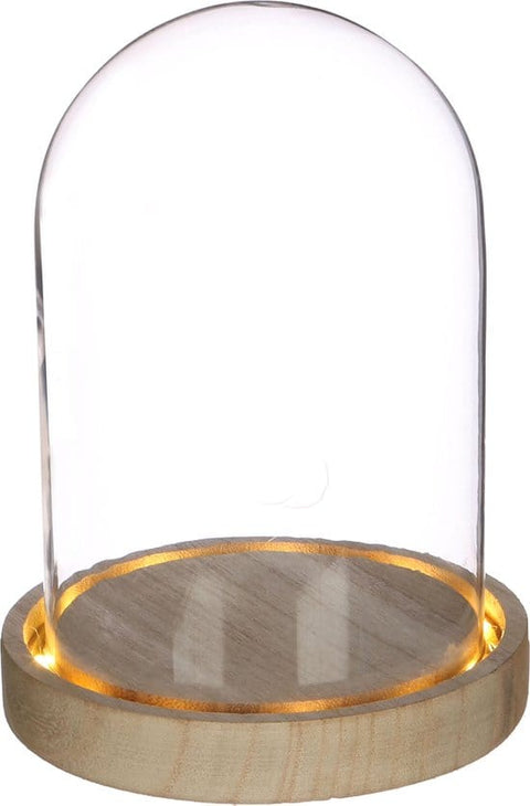 Alpha 55 Cloche en verre avec base en bois avec led blanc chaud 24 cm