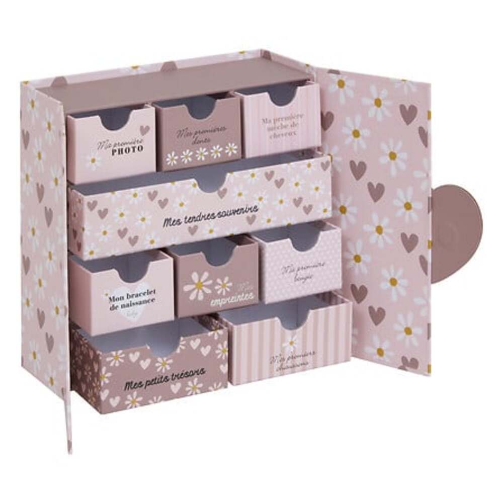 Alpha 55 Coffret de naissance 9 tiroirs cœurs – Rose souvenirs