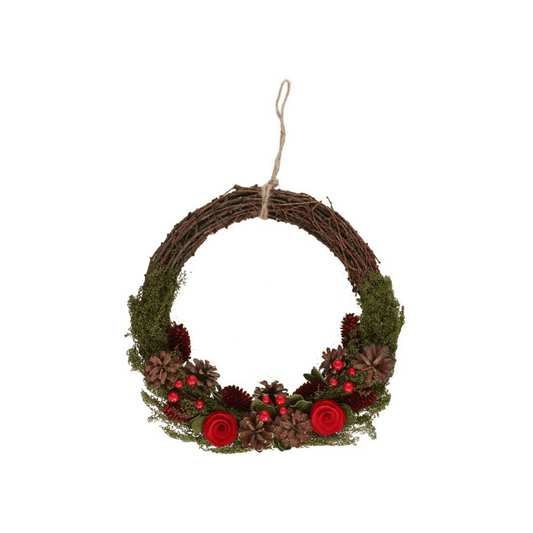 Alpha 55 Couronne fleurs rouges & pommes de pin – Déco Noël chic