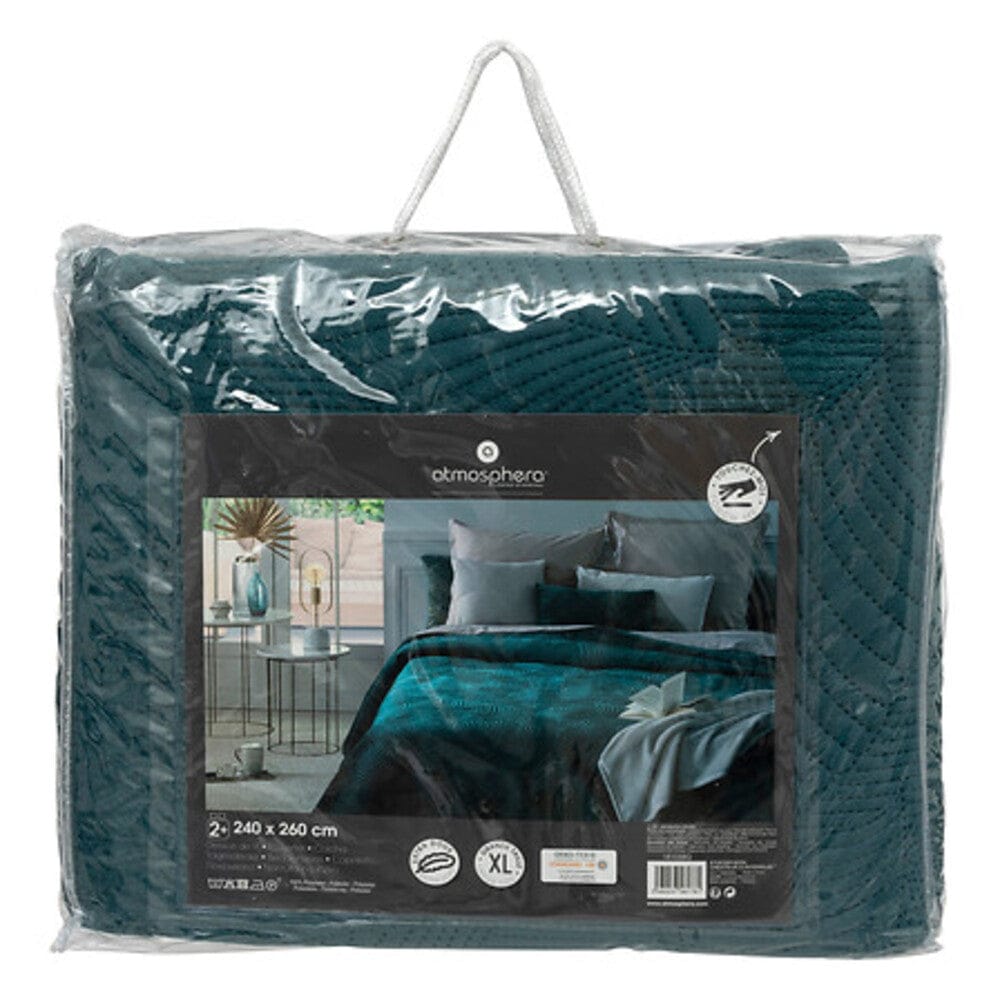 Alpha 55 Dessus de lit velours bleu canard – Motif Feuille