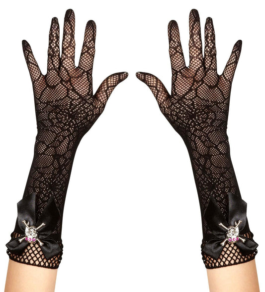 Alpha 55 gant Noir Gants à maille toile d'araignée avec crânes et strass