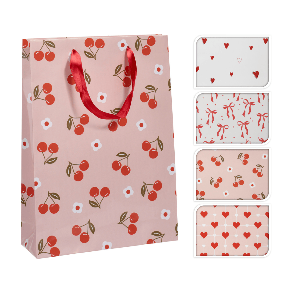 Alpha 55 Grand Sac cadeau imprimé cerises, nœud & cœurs