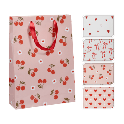 Alpha 55 Grand Sac cadeau imprimé cerises, nœud & cœurs