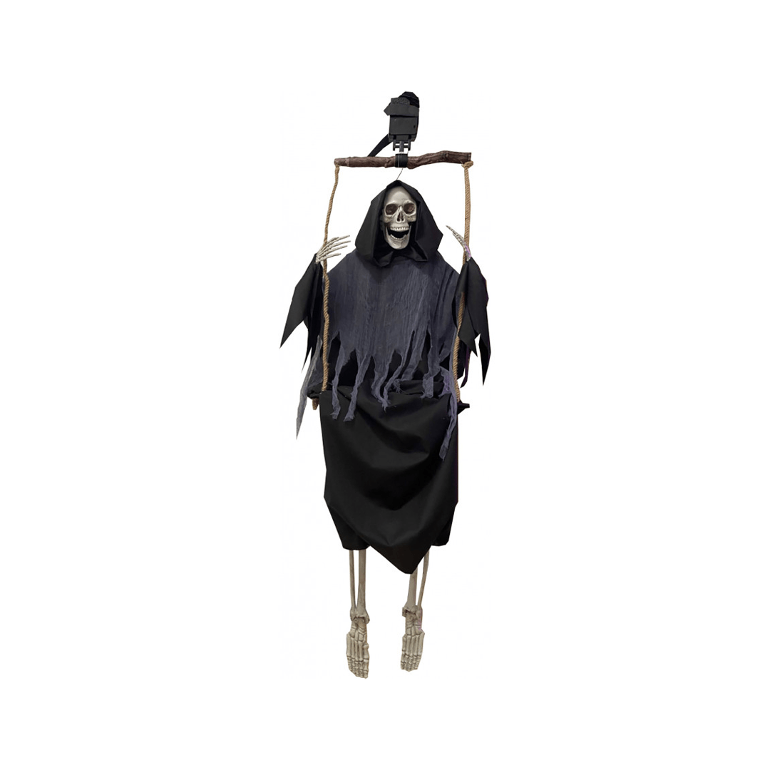 Alpha 55 Halloween déco, squelette sur balançoire avec lumière, son et mouvement 165 cm