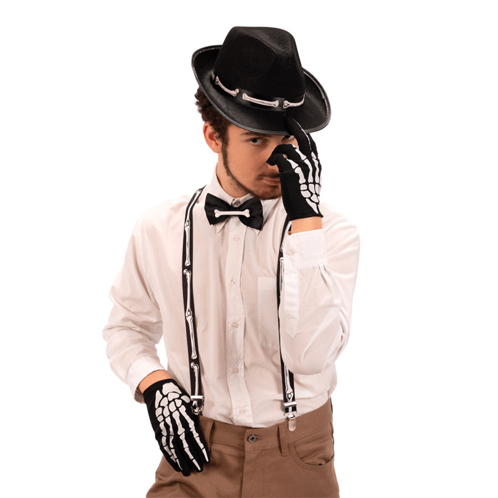 Alpha 55 halloween Noir Set d'accessoires de Squelette : chapeau, bretelles, nœud papillon et gants