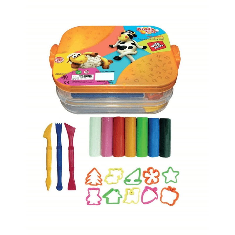 Alpha 55 Kiddy Clay, boîte de 7 bâtons de pâte-à-modeler 380g et 10 moules