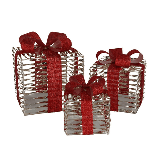 Alpha 55 Lot de 3 Boîtes Cadeau 180 LED Doré – Nœuds Pailletés Rouges