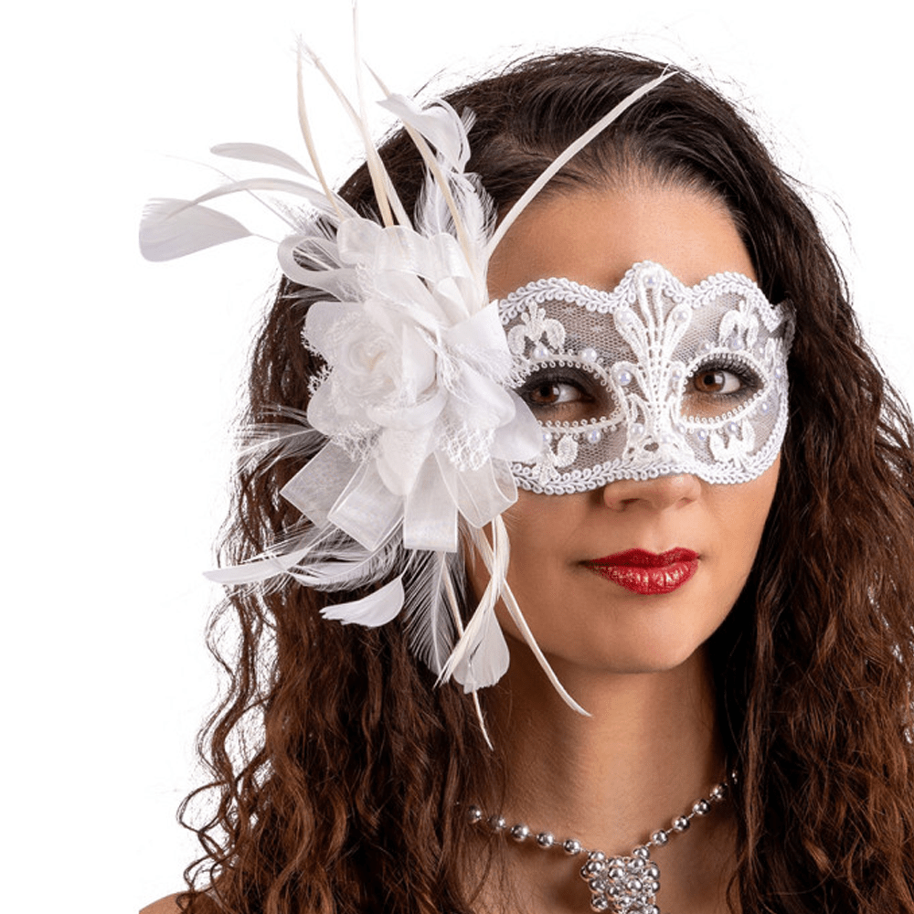 Alpha 55 Loup en dentelle, fleur et plumes blanc