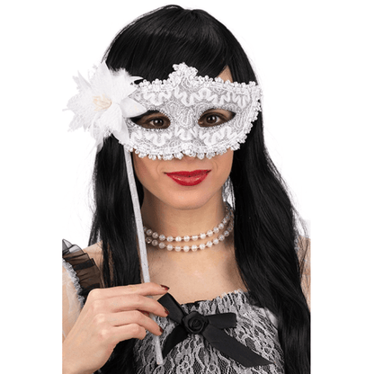 Alpha 55 masque loup Masque Vénitien Fleur Pailleté Blanc sur Bâton – Chic & Raffiné