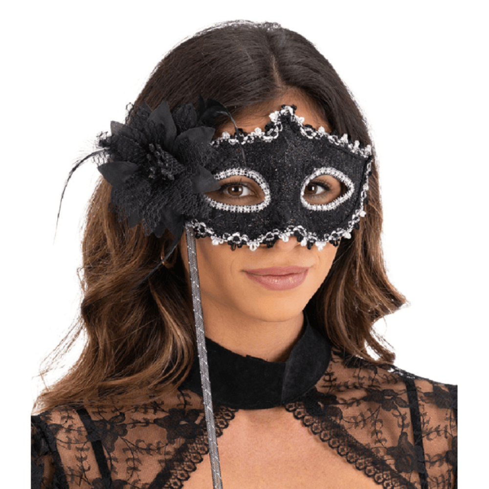 Alpha 55 masque loup Masque Vénitien Fleur Pailleté Noir sur Bâton – Élégant & Mystérieux