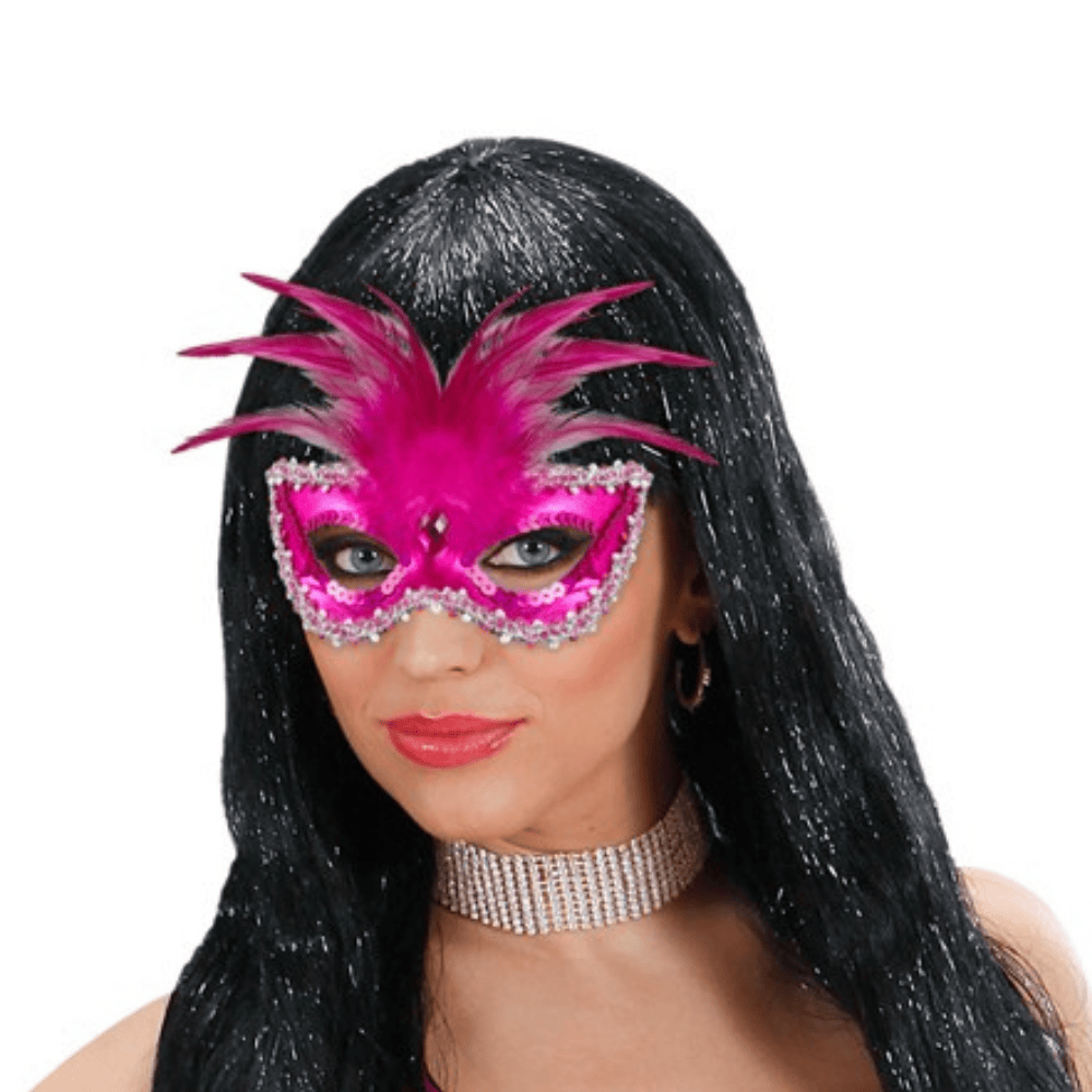 Alpha 55 masque loup Masque Vénitien Plumes Fuschia – Contour Métallisé & Pailleté