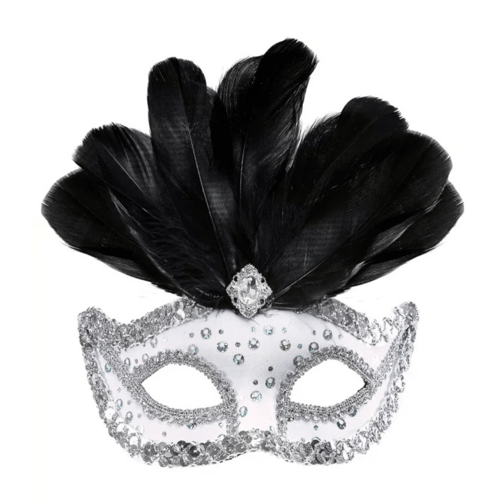 Alpha 55 masque loup Masque Vénitien Plumes Noir – Contour Pailleté Blanc