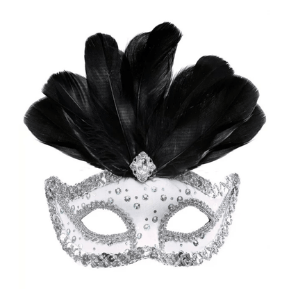 Alpha 55 masque loup Masque Vénitien Plumes Noir – Contour Pailleté Blanc