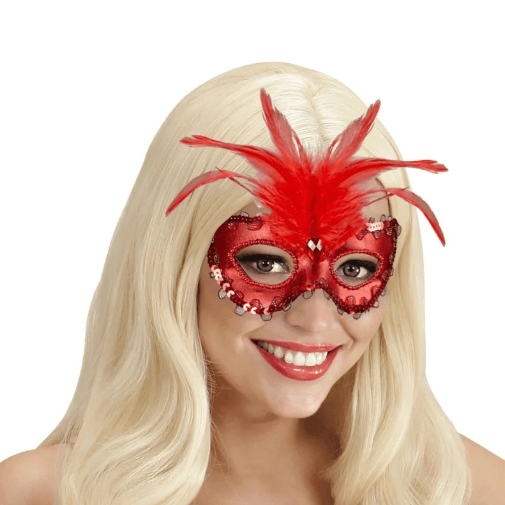 Alpha 55 masque loup Masque Vénitien Plumes Rouge – Contour Métallisé & Pailleté